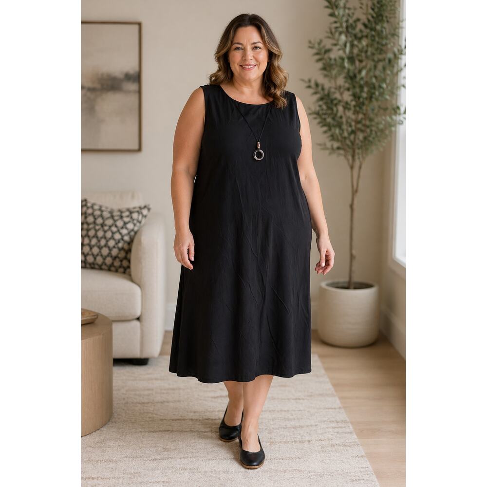 Vntg Black Midi Dress 16W Attached Necklace Minimalist Power Dressing USA Made